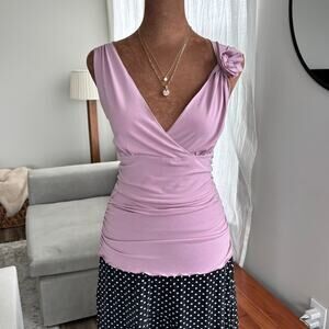 90s Vintage Max Studio Mauve Pink Ruched Cinched Blouse Rosette Detail Small